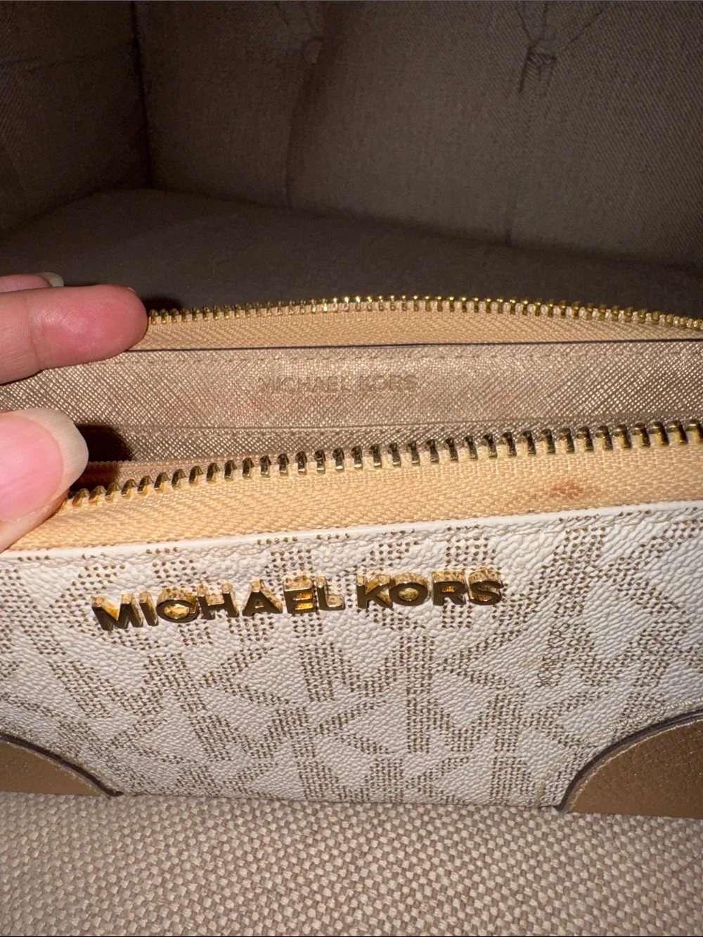 Michael Kors Cream Monogram Zip Wallet with Gold Accents